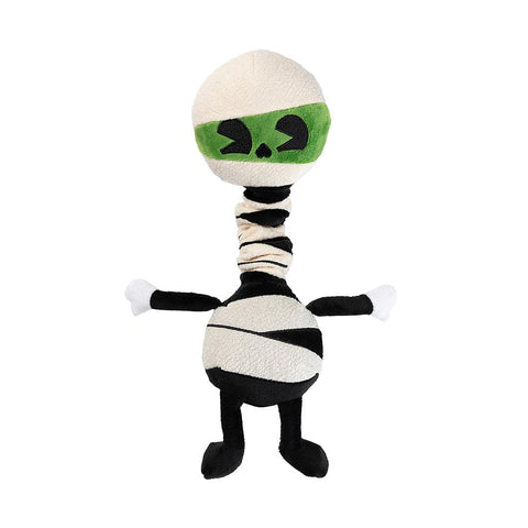 Zwart-witte pluche mummie als hondenspeeltje met groene details rond de ogen en omwikkelde nek