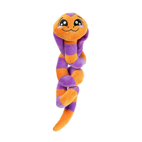 Oranje-paarse pluche slang als hondenspeeltje met geknoopt lichaam en groot gezicht