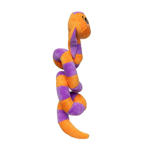 Zijaanzicht van een oranje-paarse pluche slang als hondenspeeltje met geknoopt lichaam en lange staart