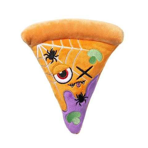 Pluche pizzapunt als hondenspeeltje met spinnenweb, zwarte spinnen en geborduurd gezicht