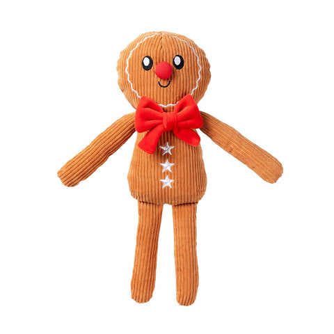 FuzzYard Gingerbread Man – pluche kerst hondenspeeltje in de vorm van een peperkoekmannetje met rode strik en witte sterknopen