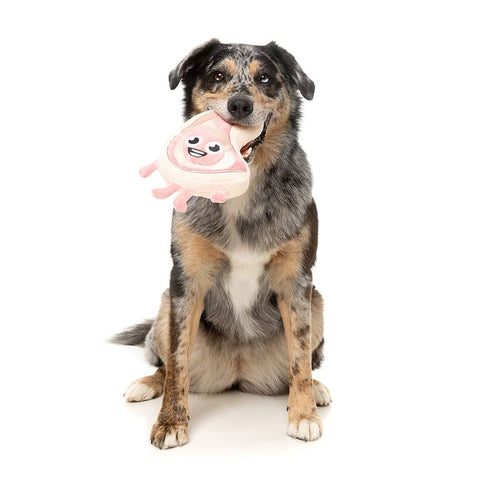 Hond speelt met FuzzYard Meat Head Piggy Smalls – duurzaam pluche hondenspeeltje in de vorm van een vrolijk stukje BBQ-vlees