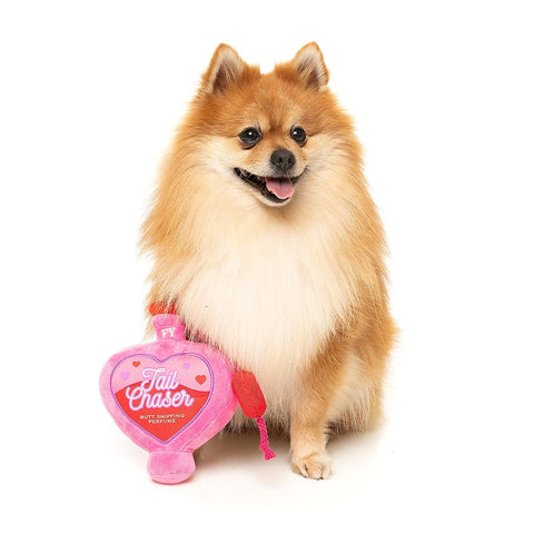 FuzzYard Valentine’s Tail Chaser Perfume – pluche Valentijns hondenspeeltje in de vorm van een hartvormig parfumflesje met touwdetail en pieper
