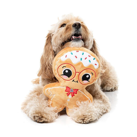 Hond ligt achter een groot pluche peperkoekfiguur als hondenspeeltje