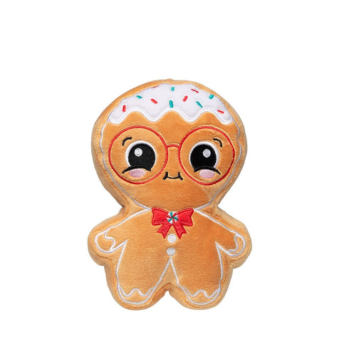 Klein pluche peperkoekfiguur als hondenspeeltje met bril, glazuur en rode strik
