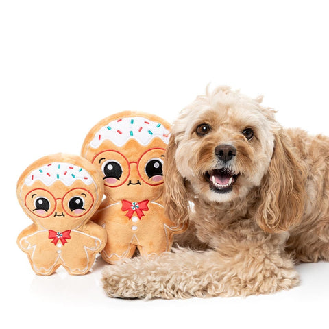 Hond ligt naast een groot en klein pluche peperkoekfiguur als hondenspeeltjes
