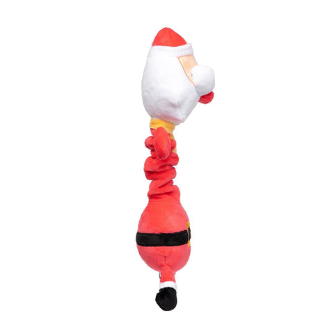 Zijaanzicht van een pluche kerstman als hondenspeeltje met lange geribbelde nek