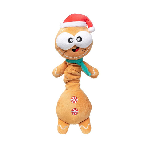 Pluche peperkoekfiguur als hondenspeeltje met lange geribbelde nek, kerstmuts en groene sjaal