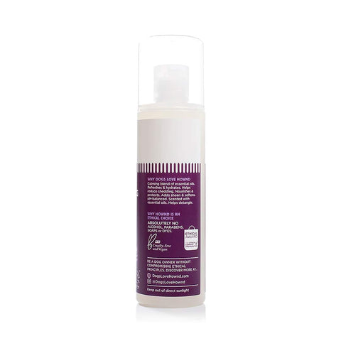 HOWND Keep Calm Shampoo achterkant – ingrediëntenlijst en gebruiksaanwijzing van de vegan hondenshampoo tegen verharen en stress (250 ml)