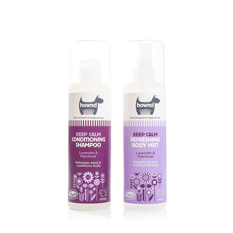 HOWND Keep Calm Shampoo & Body Mist – natuurlijke hondenshampoo en kalmerende spray voor ontspannen honden, vermindert verharen en verzorgt de vacht met lavendel, patchouli, rozemarijn & cederhout (2 × 250 ml)