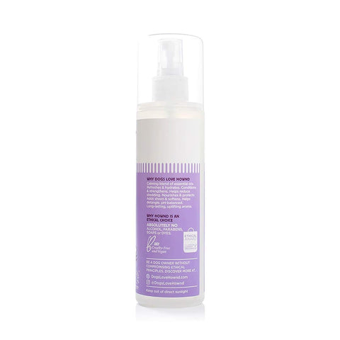 HOWND Keep Calm Body Mist achterkant – ingrediëntenlijst en gebruiksaanwijzing van de natuurlijke hondenspray die kalmeert en insecten afweert (250 ml)