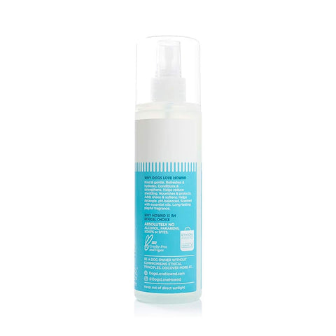HOWND Playful Pup Body Mist achterkant – ingrediëntenlijst en gebruiksaanwijzing van de natuurlijke puppyspray, mild voor gevoelige huid (250 ml)