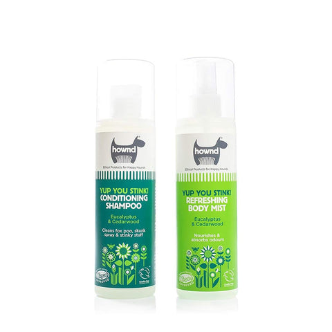 HOWND Yup You Stink! Shampoo & Body Mist – natuurlijke hondenshampoo en verfrissende spray tegen vieze geurtjes zoals vossenpoep en slootwater, met eucalyptus & cederhout (2 × 250 ml)