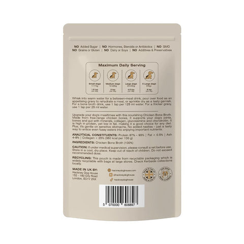Hackney Dog House Chicken Bone Broth – ingrediënten, voedingsanalyse en gebruiksaanwijzing van natuurlijke kippenbottenbouillon voor honden