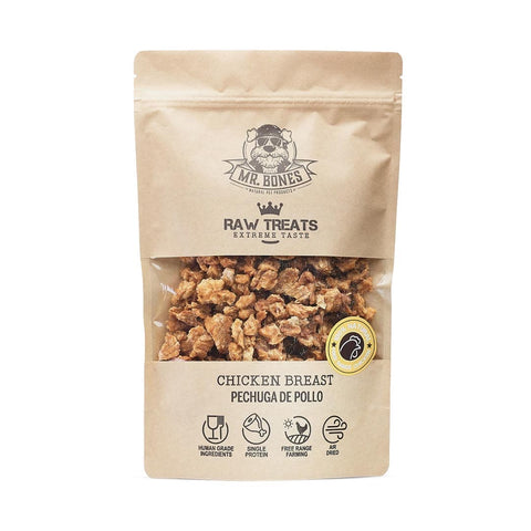 Mr. Bones Raw Treats Vrije-uitloopkipfilet – 100% natuurlijke hondensnack van kipfilet, langzaam gedroogd, ideaal als beloning, trainingssnack of snuffelspelletje (400 gram)