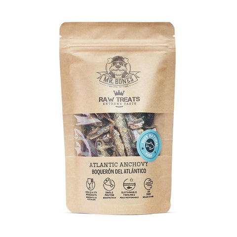 Mr. Bones Raw Treats Atlantische Ansjovis – 100% natuurlijke hondensnack van hele ansjovis, langzaam gedroogd voor smaak en voedingsstoffen, rijk aan omega-3 (45 gram)