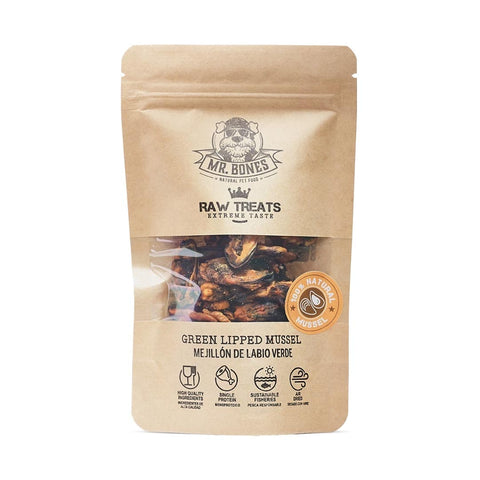 Mr. Bones Raw Treats Groenlipmossel – 100% natuurlijke hondensnack uit Nieuw-Zeeland, rijk aan omega-3, glucosamine en chondroïtine voor soepele gewrichten (45 gram)
