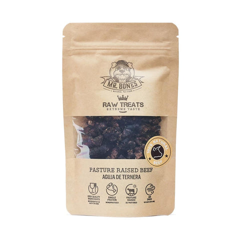 Mr. Bones Raw Treats Rund – 100% natuurlijke hondensnack van grasgevoerd rundvlees, langzaam gedroogd voor smaak en voedingsstoffen, ideaal als beloning, trainingssnack of snuffelspelletje