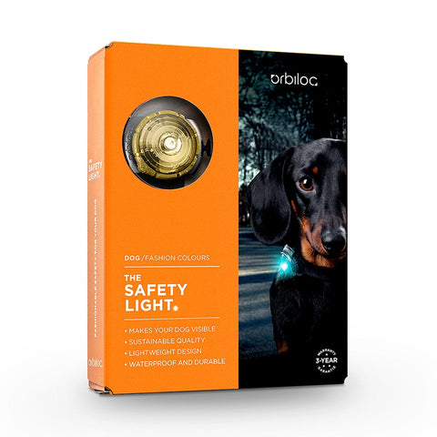 Verpakking van de Orbiloc Dog Dual Goud – waterdicht LED hondenlampje voor zichtbaarheid in het donker, ideaal voor veilige avondwandelingen