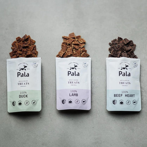 Close-up van luchtgedroogde stukjes lam van Pala Dog Treats 100% Lamb, samen met Duck & Beef Heart – voedzame en smakelijke hondensnacks, rijk aan eiwitten, vitaminen en mineralen