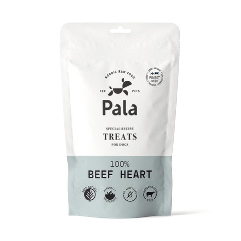 oorkant verpakking van Pala Dog Treats 100% Beef Heart – natuurlijke hondensnacks van runderhart, luchtgedroogd, monoproteïne, graanvrij en rijk aan eiwitten, vitaminen en mineralen