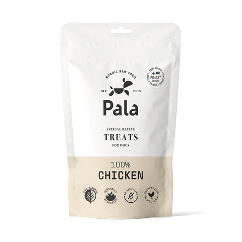 Voorkant verpakking van Pala Dog Treats 100% Chicken – natuurlijke hondensnacks van kip, luchtgedroogd, monoproteïne, graanvrij en rijk aan eiwitten, vitaminen en mineralen