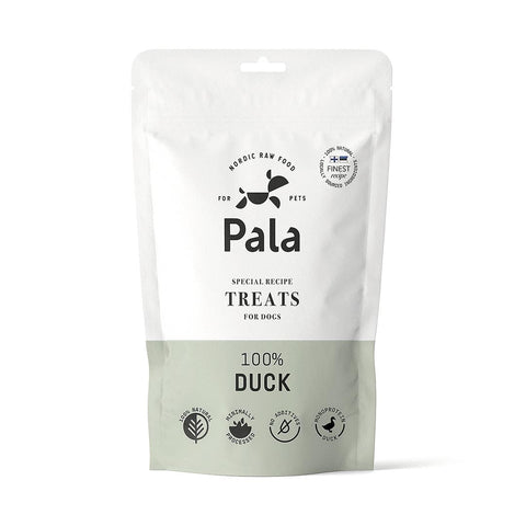 Voorkant verpakking van Pala Dog Treats 100% Duck – natuurlijke hondensnacks van eendenvlees, luchtgedroogd, monoproteïne, graanvrij en rijk aan eiwitten, vitaminen en mineralen