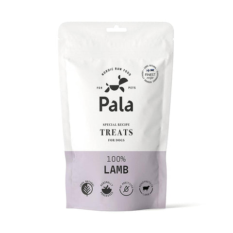 Voorkant verpakking van Pala Dog Treats 100% Lamb – natuurlijke hondensnacks van lam, luchtgedroogd, monoproteïne, graanvrij en rijk aan eiwitten, vitaminen en mineralen