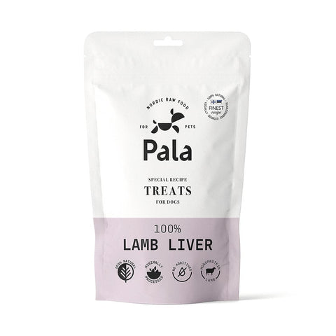 Voorkant verpakking van Pala Dog Treats 100% Lamb Liver – natuurlijke hondensnacks van lamslever, luchtgedroogd, monoproteïne, graanvrij en rijk aan eiwitten, vitaminen en mineralen