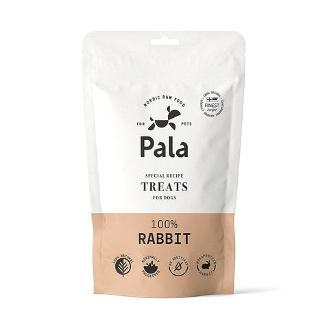 Voorkant verpakking van Pala Dog Treats 100% Rabbit – hypoallergene hondensnacks van konijn, luchtgedroogd, monoproteïne, graanvrij en rijk aan eiwitten en vitaminen