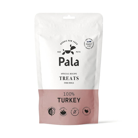 Voorkant verpakking van Pala Dog Treats 100% Turkey – natuurlijke hondensnacks van kalkoen, luchtgedroogd, monoproteïne, graanvrij en rijk aan eiwitten, vitaminen en mineralen