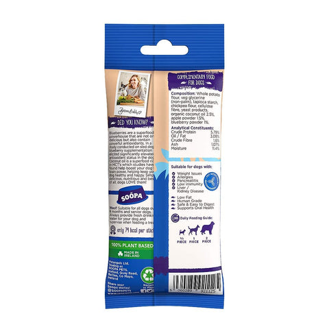 Soopa Dental Sticks Appel & Blauwe Bessen – achterzijde verpakking met ingrediënten en analyse – natuurlijke kauwsnack voor honden, graanvrije en hypoallergene gebitsverzorging