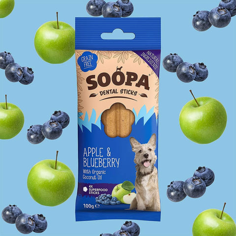 Soopa Dental Sticks Appel & Blauwe Bessen – natuurlijke kauwsnack voor honden, graanvrije en hypoallergene gebitsverzorging
