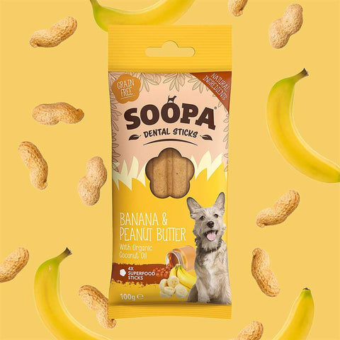 Soopa Dental Sticks Banaan & Pindakaas – natuurlijke kauwsnack voor honden, graanvrije en hypoallergene gebitsverzorging