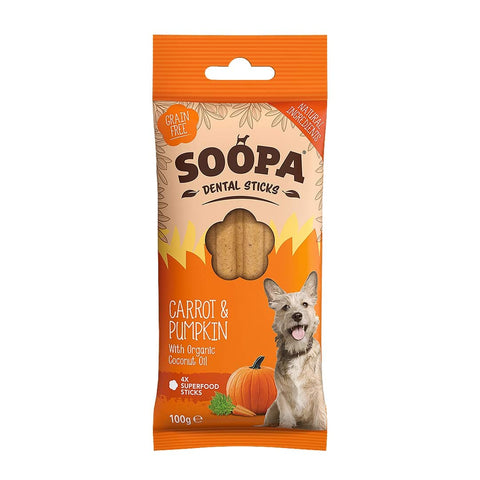 Soopa Dental Sticks Wortel & Pompoen – voorzijde verpakking – natuurlijke kauwsnack voor honden, graanvrije en hypoallergene gebitsverzorging