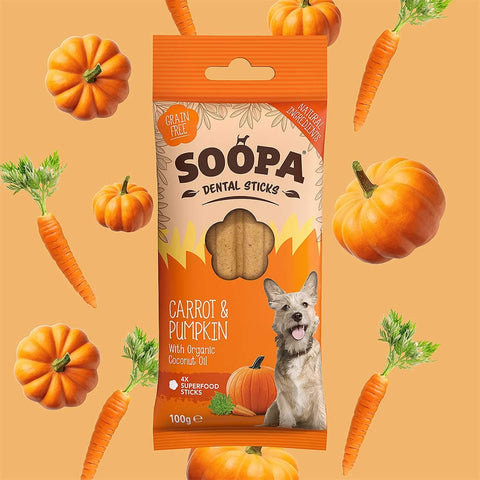 Soopa Dental Sticks Wortel & Pompoen – natuurlijke kauwsnack voor honden, graanvrije en hypoallergene gebitsverzorging