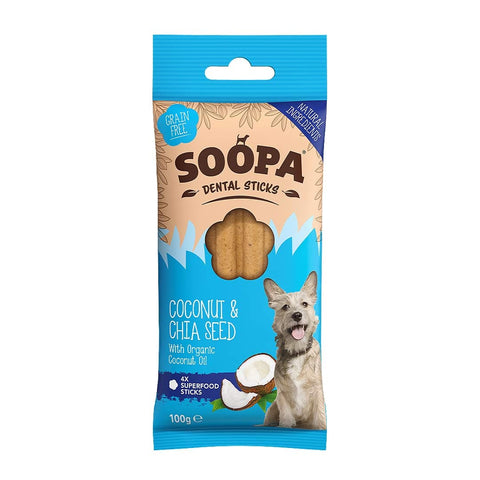 Soopa Dental Sticks Kokosnoot & Chiazaad – voorzijde verpakking – natuurlijke kauwsnack voor honden, graanvrije en hypoallergene gebitsverzorging