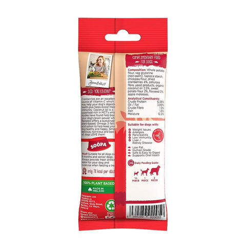 Soopa Dental Sticks Cranberry & Zoete Aardappel – achterzijde verpakking met ingrediënten en analyse – natuurlijke kauwsnack voor honden, graanvrije en hypoallergene gebitsverzorging