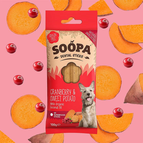 Soopa Dental Sticks Cranberry & Zoete Aardappel – natuurlijke kauwsnack voor honden, graanvrije en hypoallergene gebitsverzorging