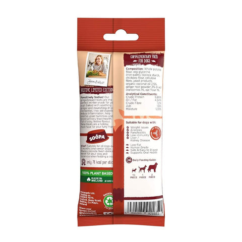 Soopa Dental Sticks Gingerbread Biscuit – kersteditie – achterzijde verpakking met ingrediënten en analyse – natuurlijke kauwsnack voor honden, graanvrije en hypoallergene gebitsverzorging