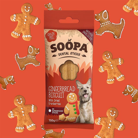 Soopa Dental Sticks Gingerbread Biscuit – kersteditie – natuurlijke kauwsnack voor honden, graanvrije en hypoallergene gebitsverzorging