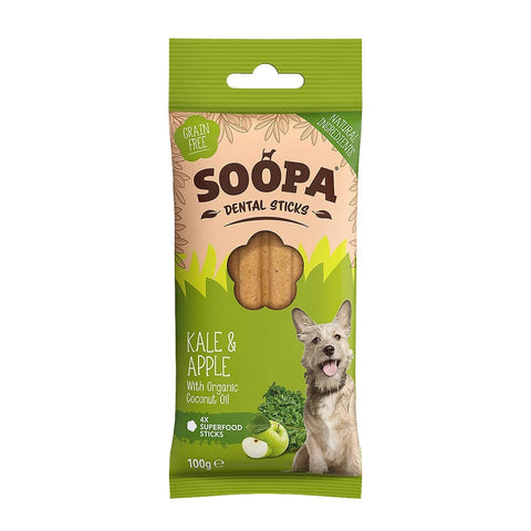 Soopa Dental Sticks Boerenkool & Appel – voorzijde verpakking – natuurlijke kauwsnack voor honden, graanvrije en hypoallergene gebitsverzorging