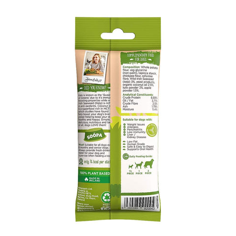 Soopa Dental Sticks Boerenkool & Appel – achterzijde verpakking met ingrediënten en analyse – natuurlijke kauwsnack voor honden, graanvrije en hypoallergene gebitsverzorging