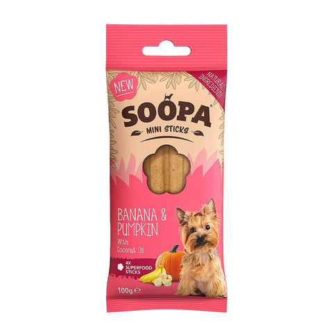 Soopa Mini Dental Sticks Banaan & Pompoen – voorzijde verpakking – natuurlijke kauwsnack voor kleine honden, graanvrije en hypoallergene gebitsverzorging