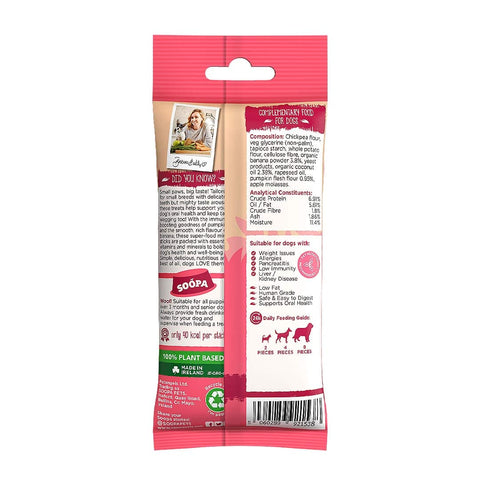Soopa Mini Dental Sticks Banaan & Pompoen – achterzijde verpakking met ingrediënten en analyse – natuurlijke kauwsnack voor kleine honden, graanvrije en hypoallergene gebitsverzorging