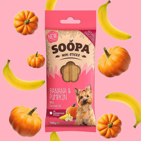 Soopa Mini Dental Sticks Banaan & Pompoen – natuurlijke kauwsnack voor kleine honden, graanvrije en hypoallergene gebitsverzorging