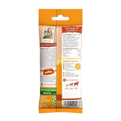 Soopa Dental Sticks Pumpkin Spiced Latte – herfsteditie – achterzijde verpakking met ingrediënten en analyse – natuurlijke kauwsnack voor honden, graanvrije en hypoallergene gebitsverzorging