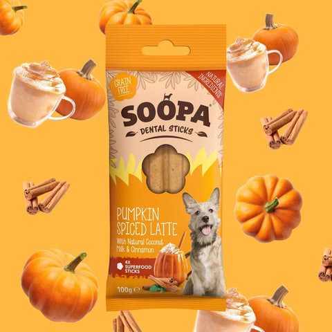 Soopa Dental Sticks Pumpkin Spiced Latte – herfsteditie – natuurlijke kauwsnack voor honden, graanvrije en hypoallergene gebitsverzorging