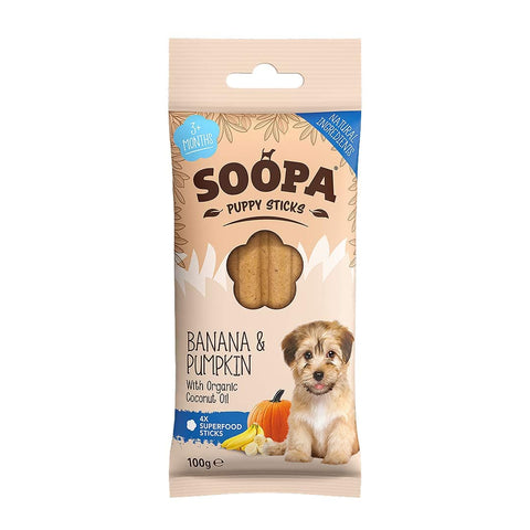 Soopa Puppy Dental Sticks Banaan & Pompoen – voorzijde verpakking – natuurlijke kauwsnack voor puppy's, graanvrije en hypoallergene gebitsverzorging