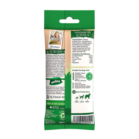 Soopa Dental Sticks Watermeloen & Appel – achterzijde verpakking met ingrediënten en analyse – natuurlijke kauwsnack voor honden, graanvrije en hypoallergene gebitsverzorging
